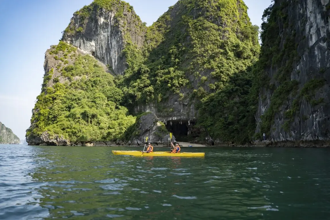 Kayaks waiting in Ha Long Bay