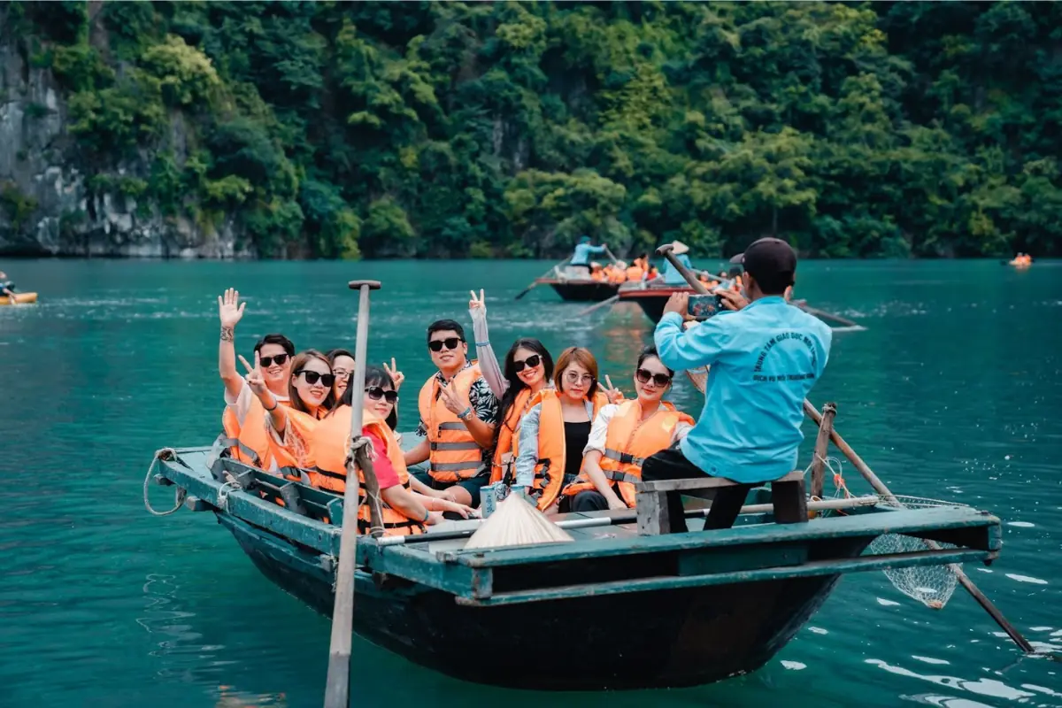 Guests on a bamboo boat in Lan Ha Bay