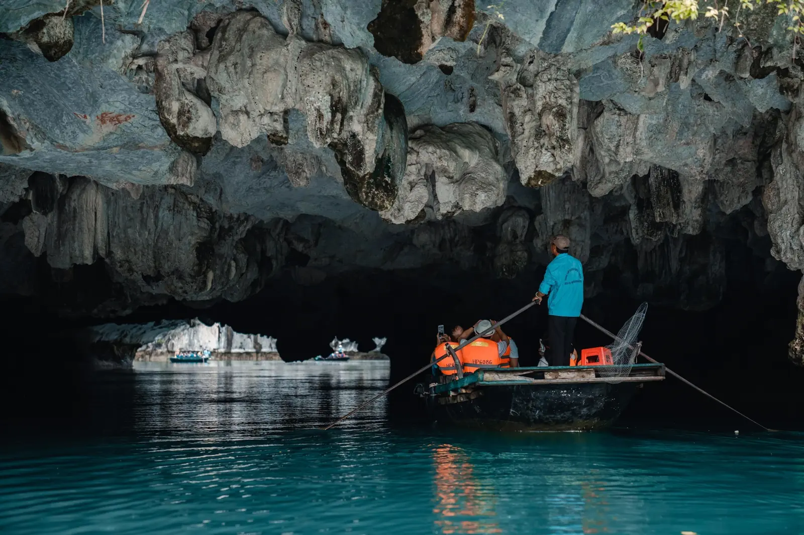 Bamboo boat at the Dark & Bright Cave