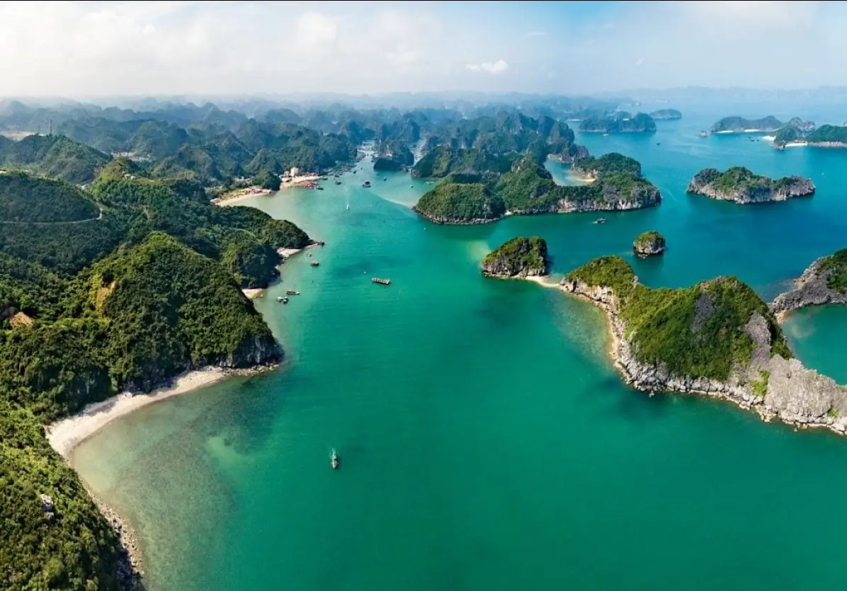 Beaches and islands of Lan Ha Bay from the air