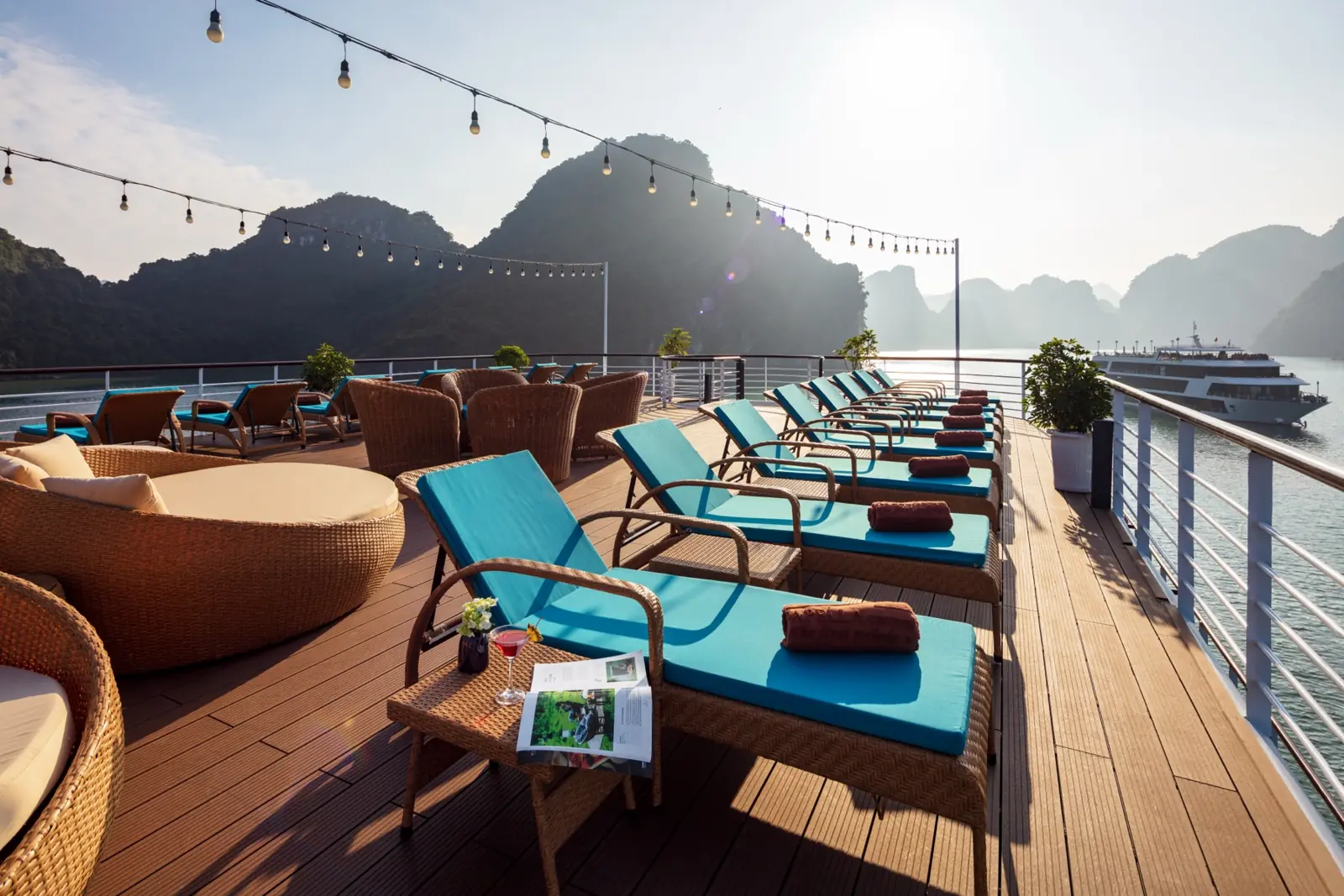 Sundeck with loungers at sunset