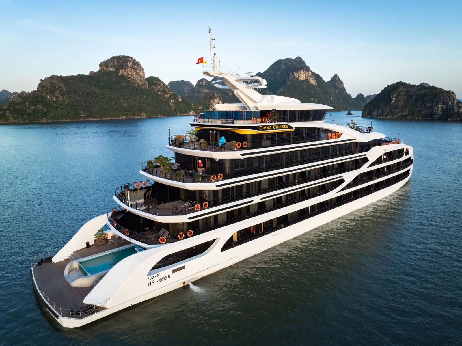 Diana Cruise, seven decks high, in the bay