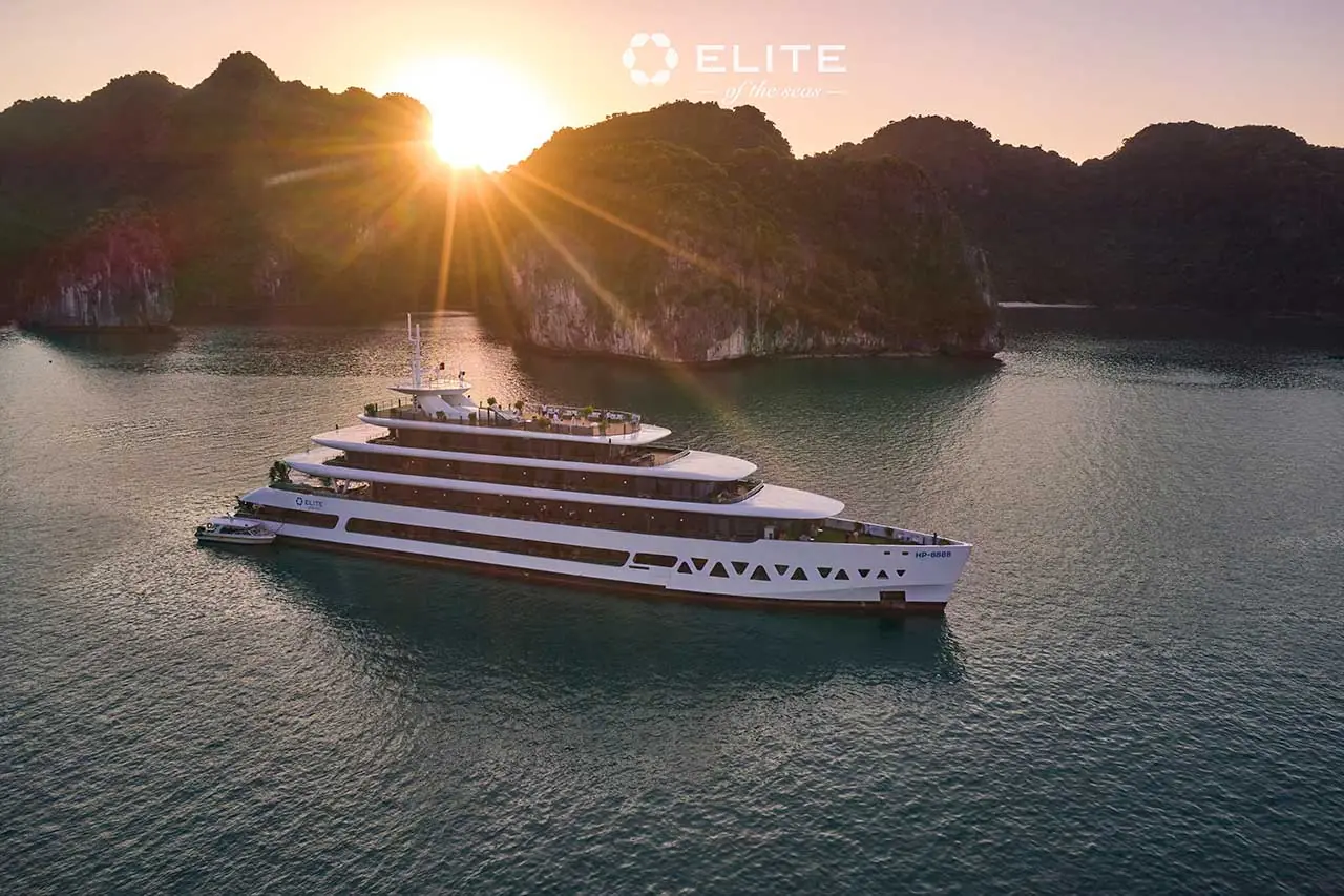 Elite of the Seas at sunset among the karsts of Lan Ha Bay