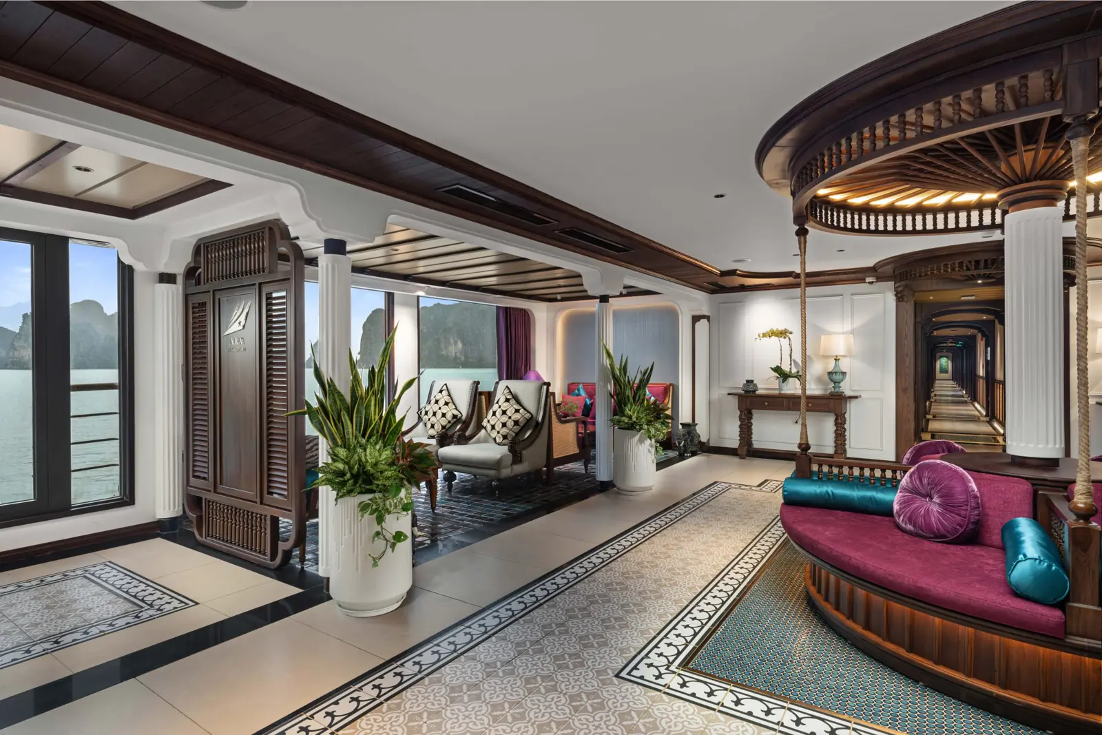 Lobby of Lyra Grandeur with Vietnamese tiles and a bay view