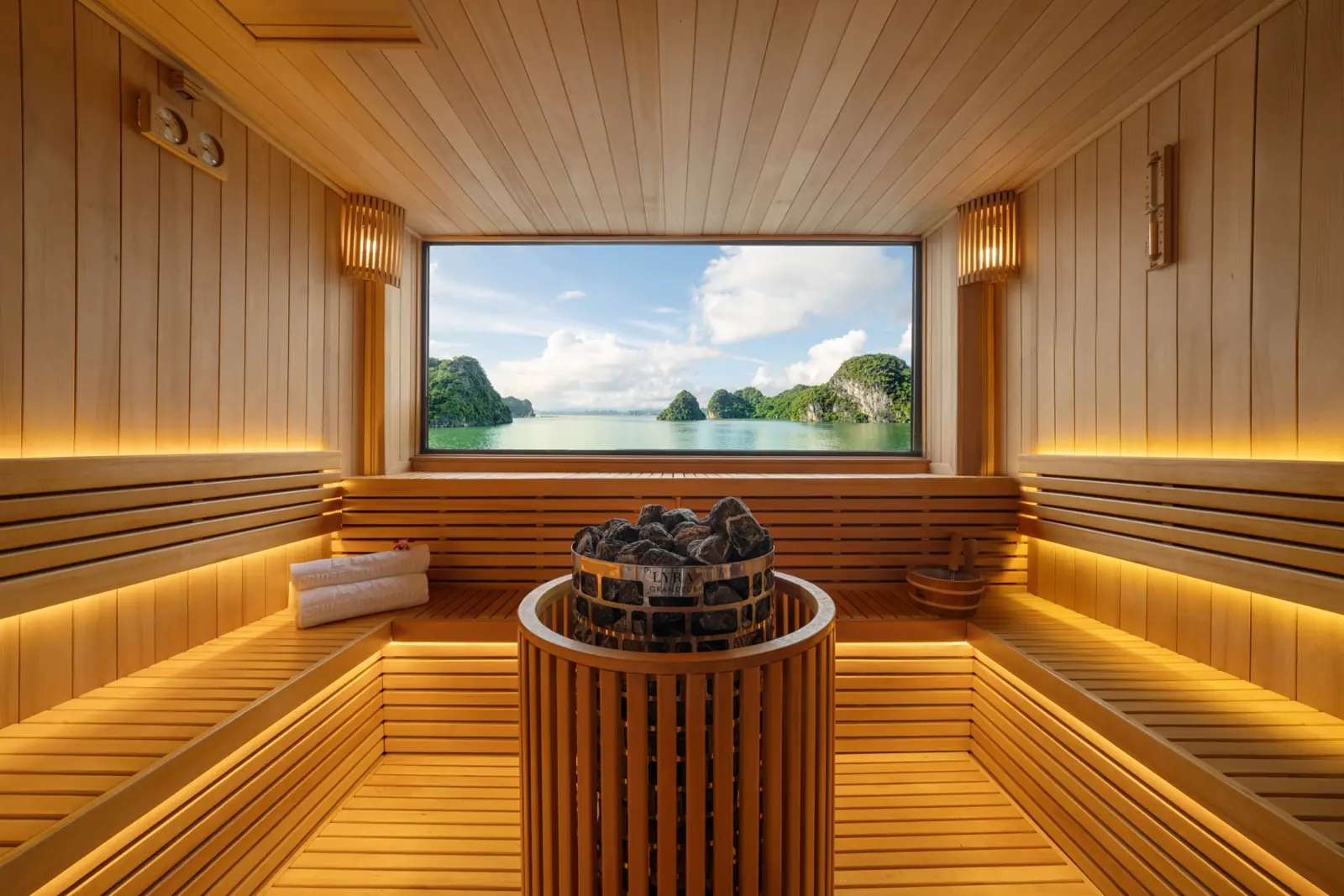Nordic-style wooden sauna with a window onto the karsts
