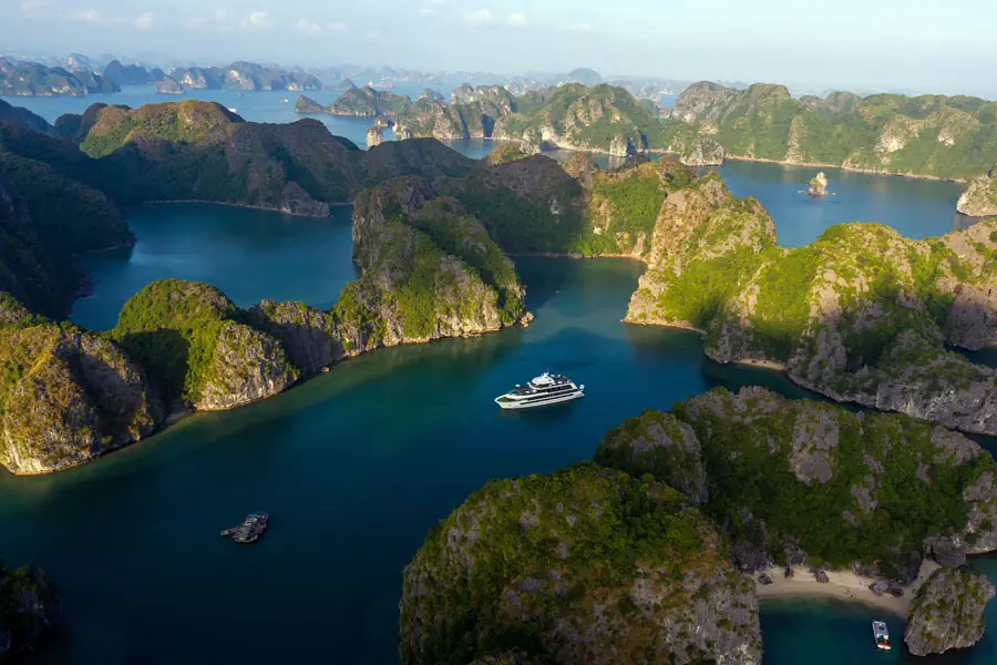 Stellar of the Seas among the green islands of Lan Ha Bay, from above