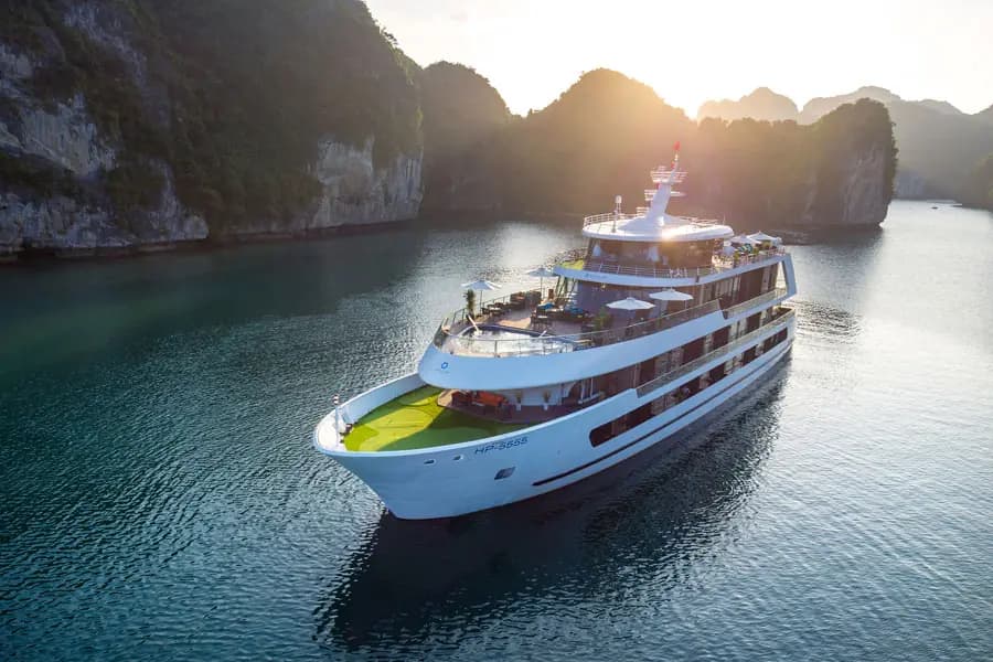 Stellar of the Seas sailing in the early light among the karsts