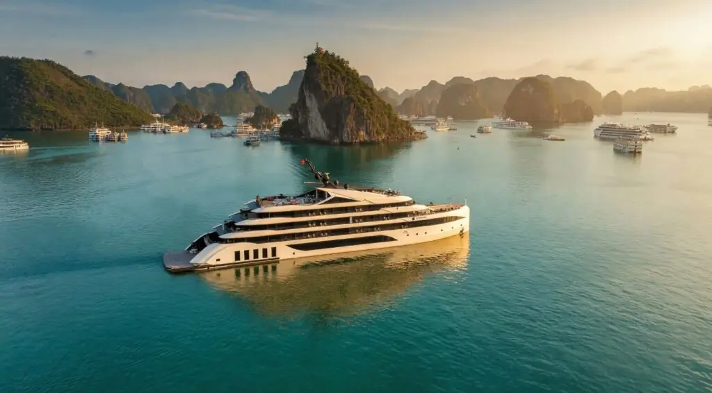 Victorious Cruise among the karsts at sunset