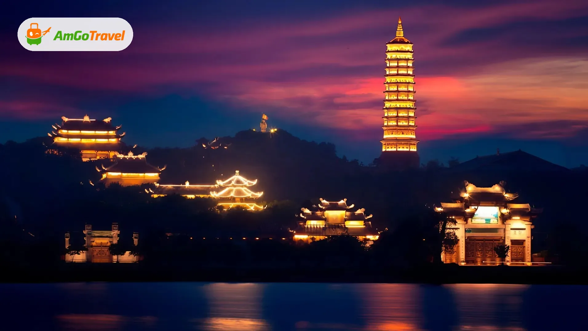 Bai Dinh pagoda illuminated at dusk