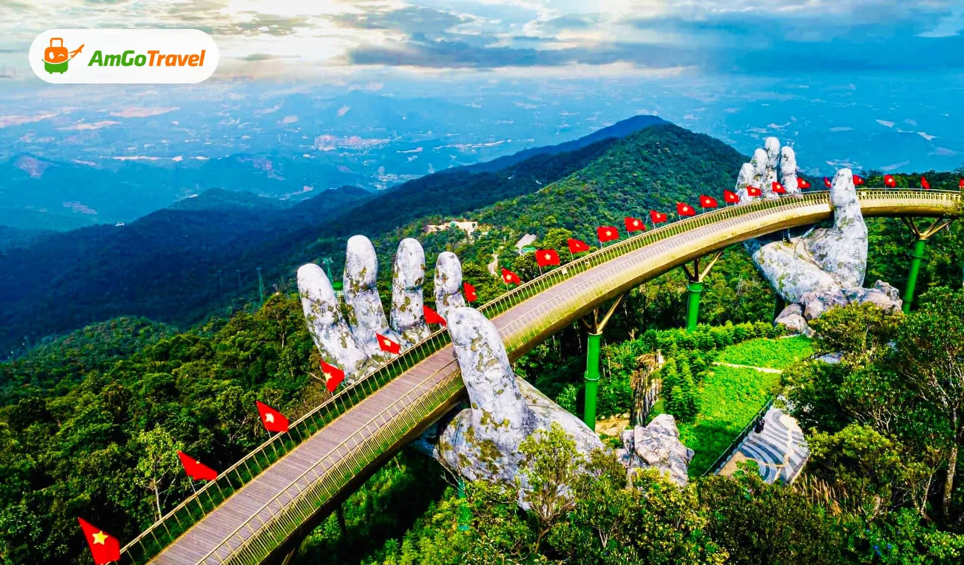 Golden Bridge held by giant stone hands above forest