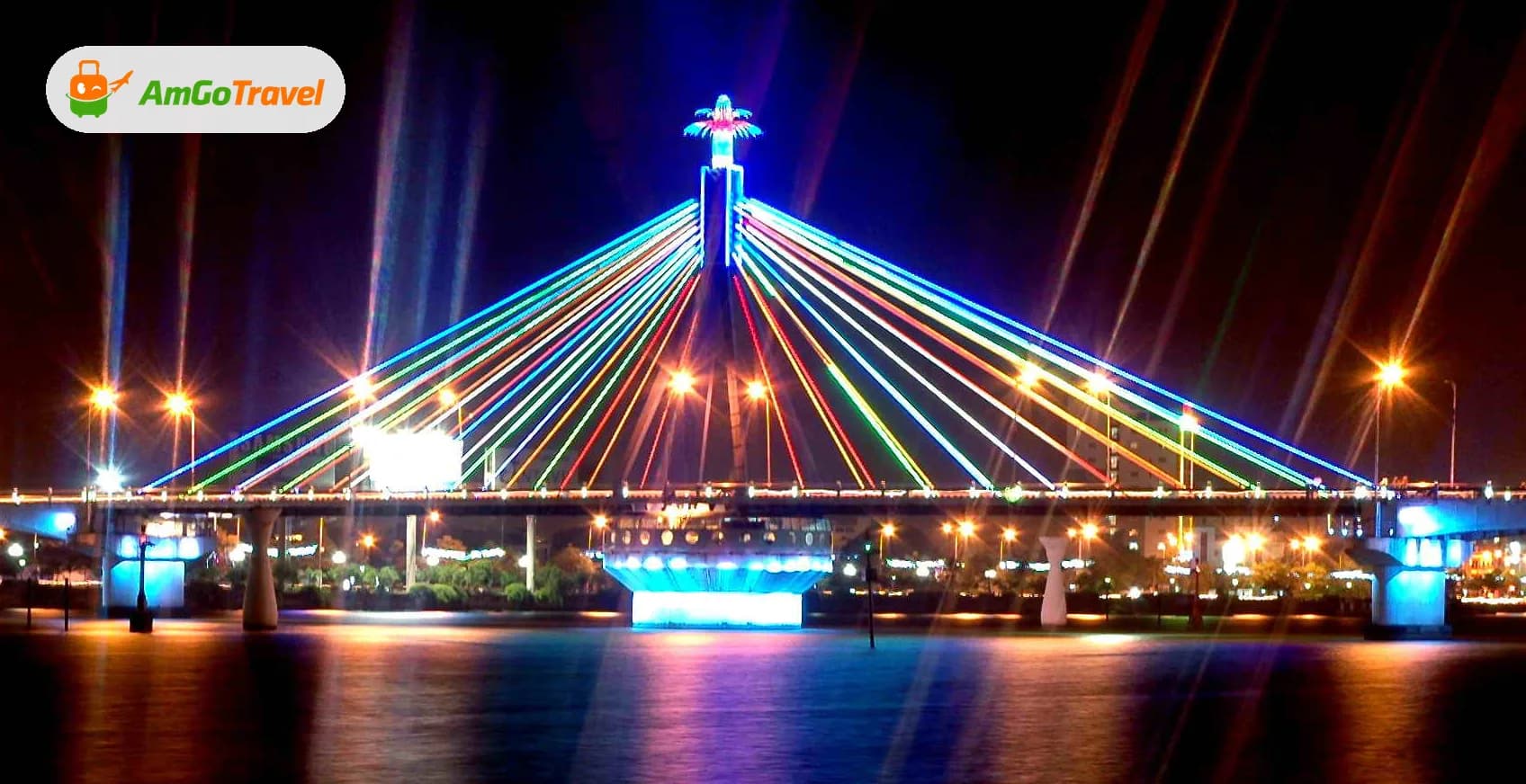 Colourfully lit cable-stayed bridge over the Han River