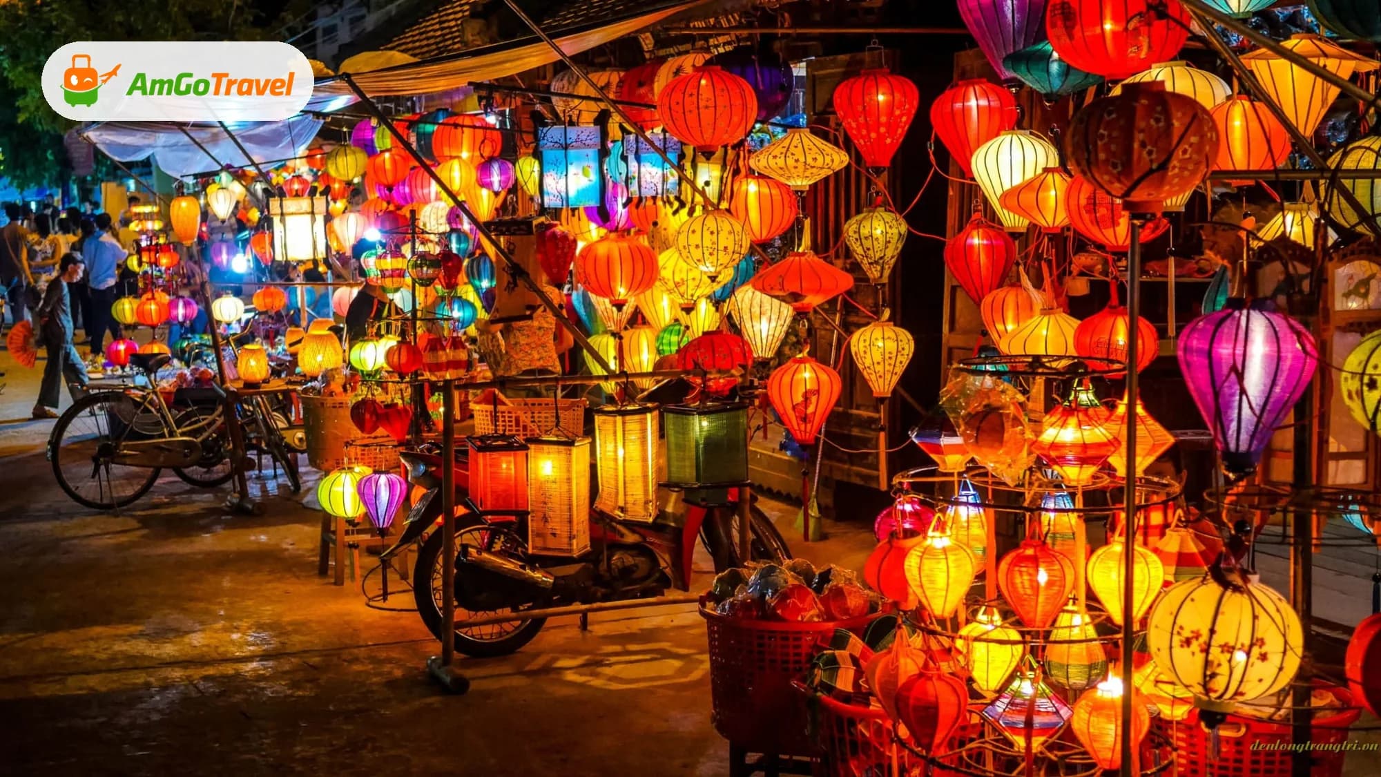 Lantern shop glowing with colourful silk lanterns at night