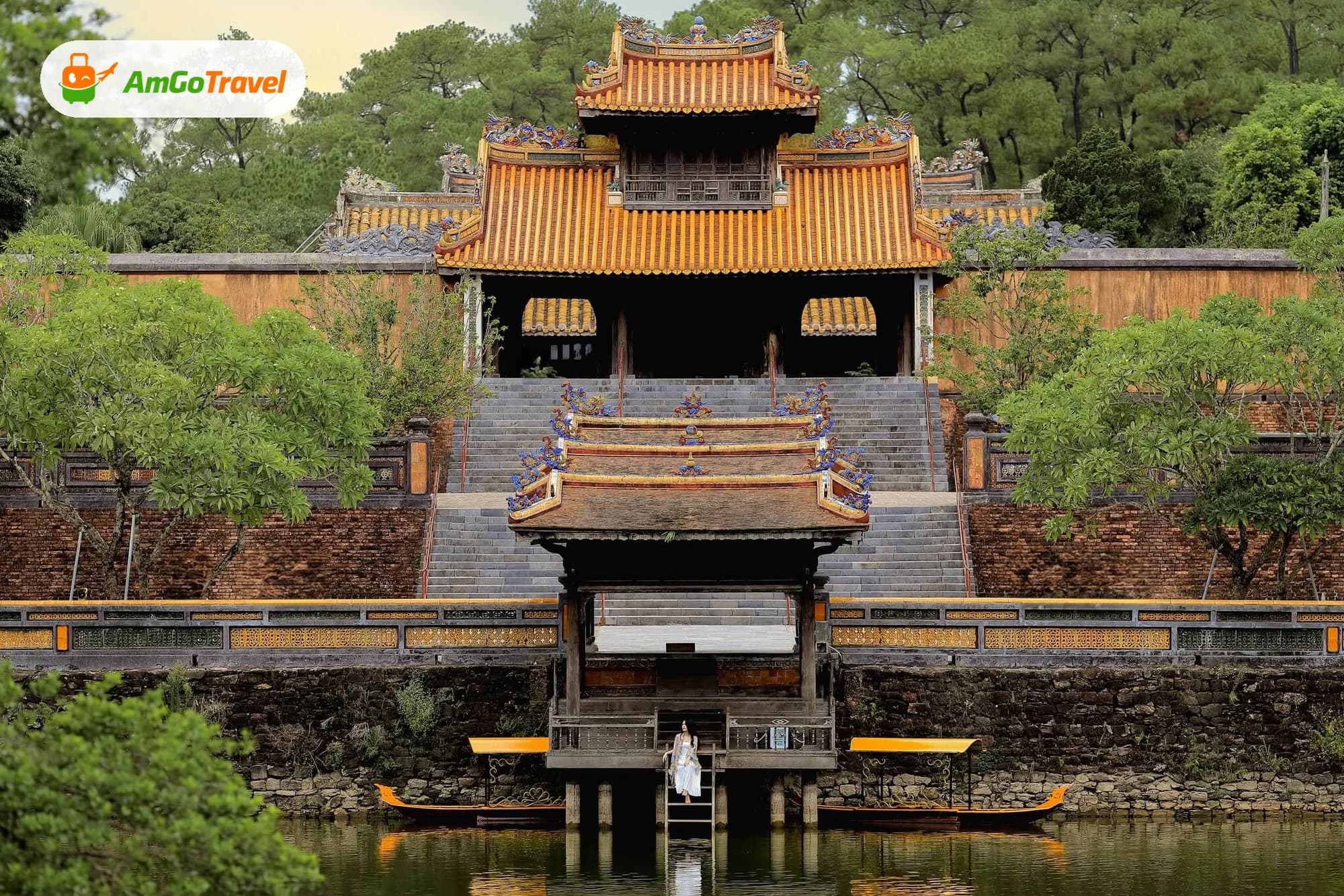 Pavilions of a Hue royal tomb among pine trees
