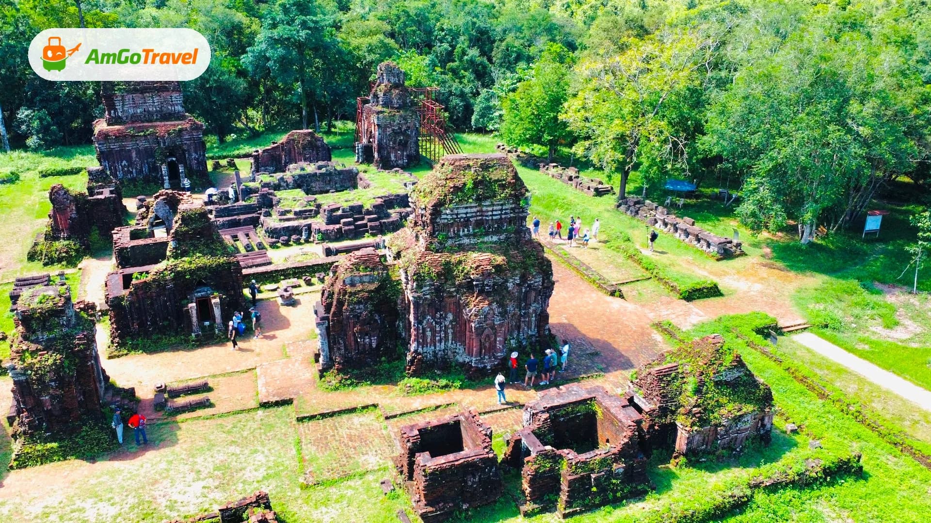 Aerial view of the brick temple groups at My Son Sanctuary