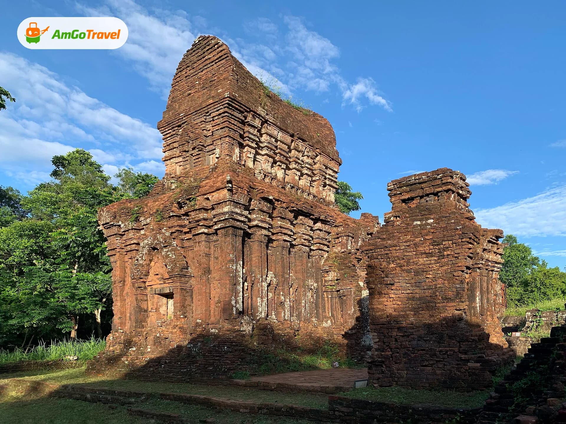 Cham brick towers at My Son Sanctuary under a blue sky