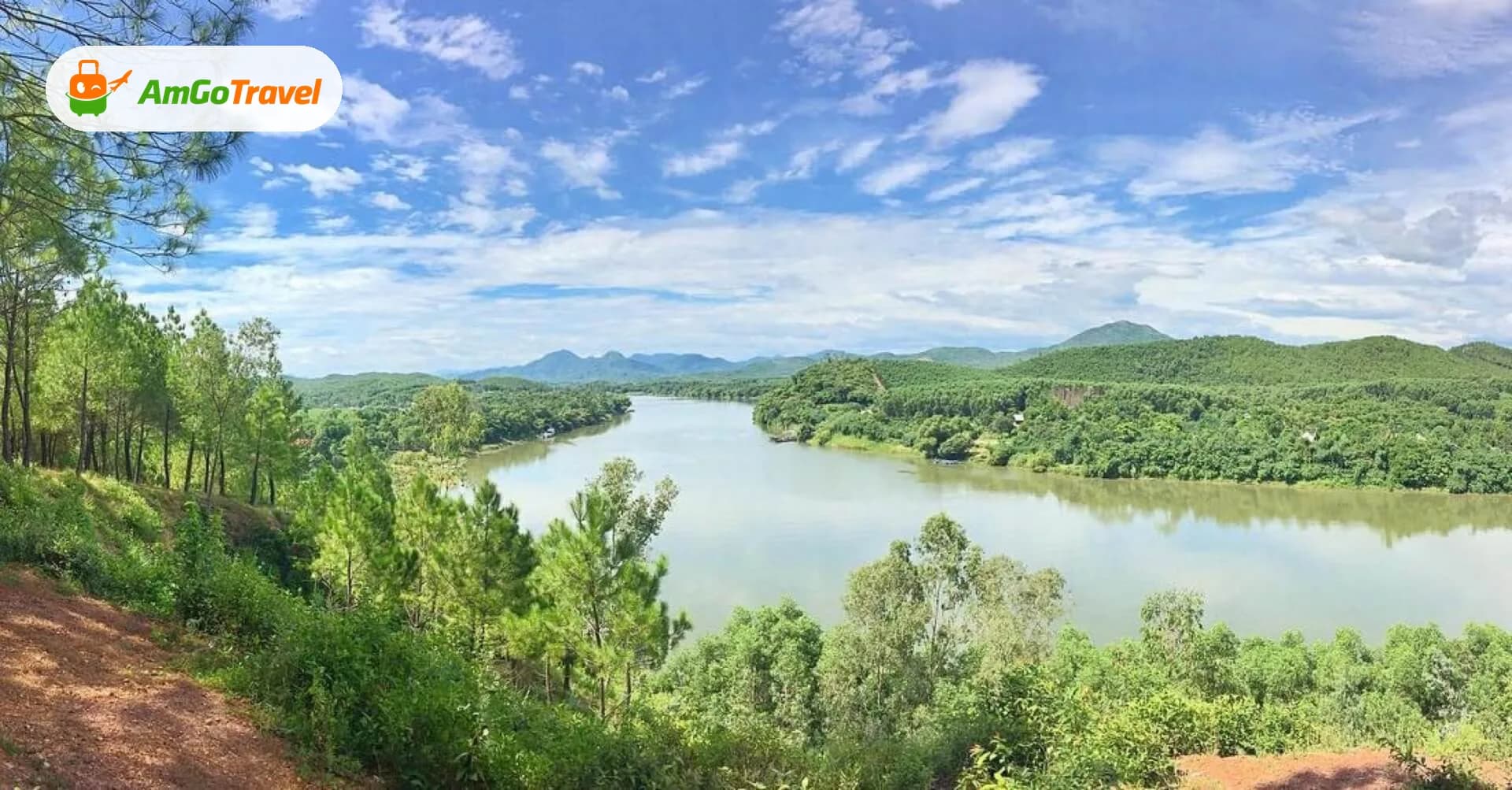 Perfume River winding through green pine-covered hills