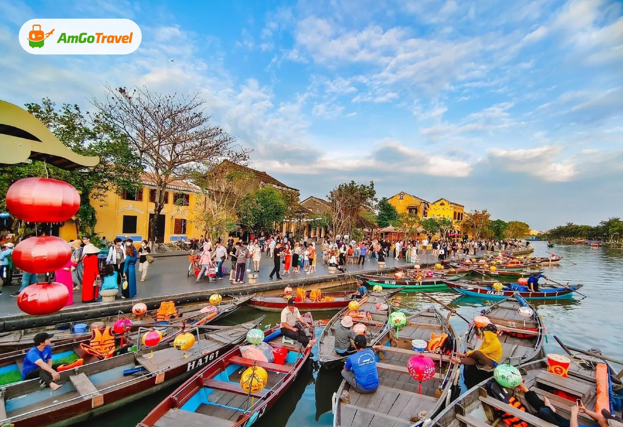 Colourful boats moored on the Thu Bon River in Hoi An