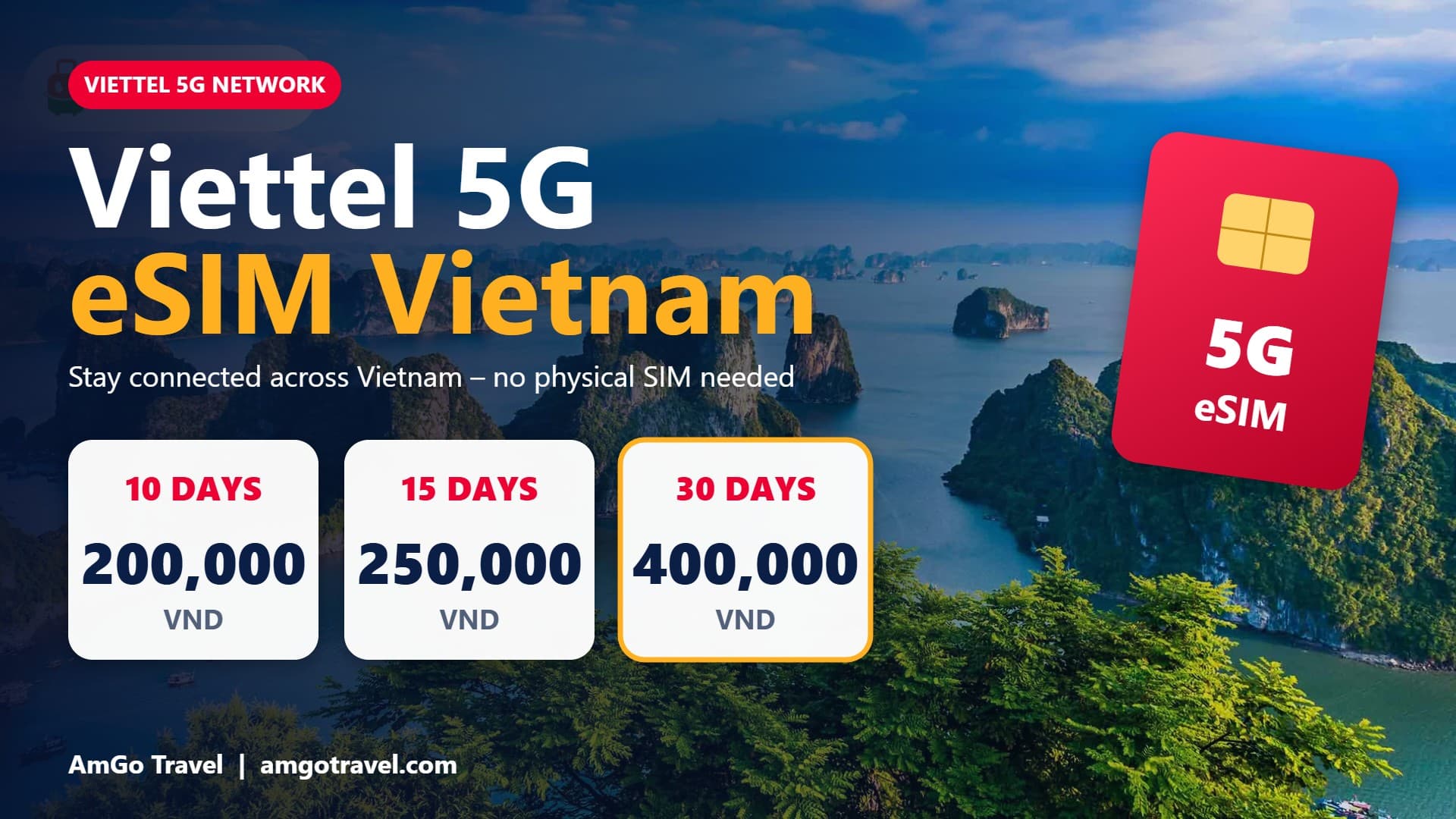 Viettel 5G eSIM Vietnam price banner: 10 days 200,000 VND, 15 days 250,000 VND, 30 days 400,000 VND