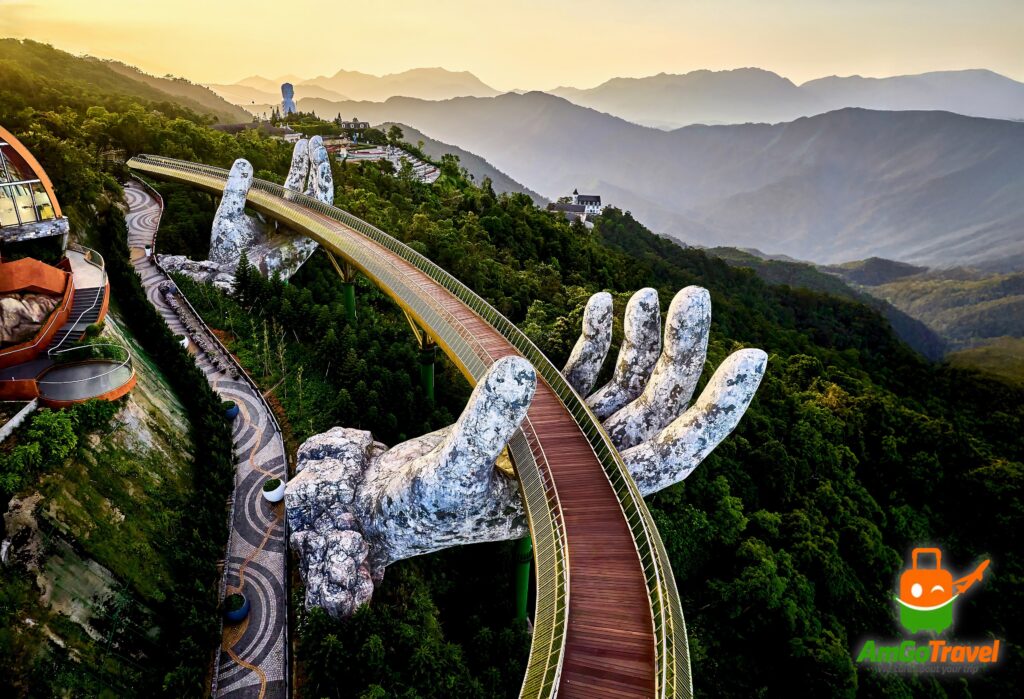 Golden Bridge at sunset above the mountains of Ba Na Hills