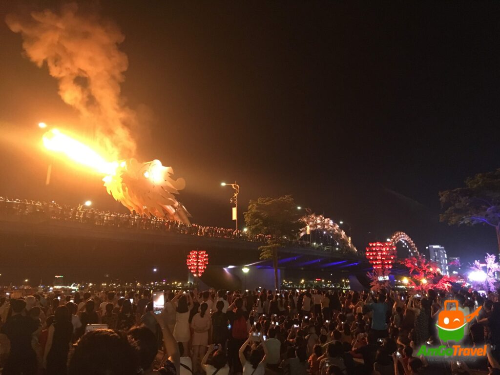 Dragon Bridge breathing fire on a weekend night in Da Nang