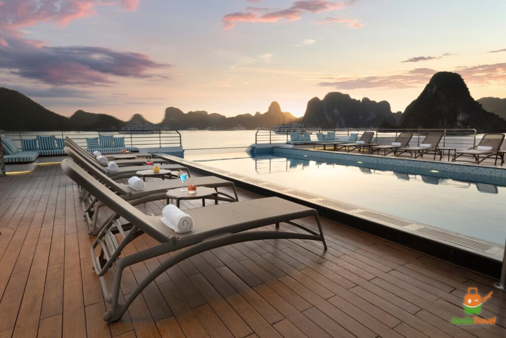 Pool deck of Grand Pioneers Cruise at sunset