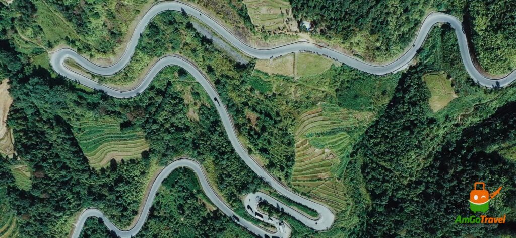 Aerial view of the winding road over Ma Pi Leng Pass