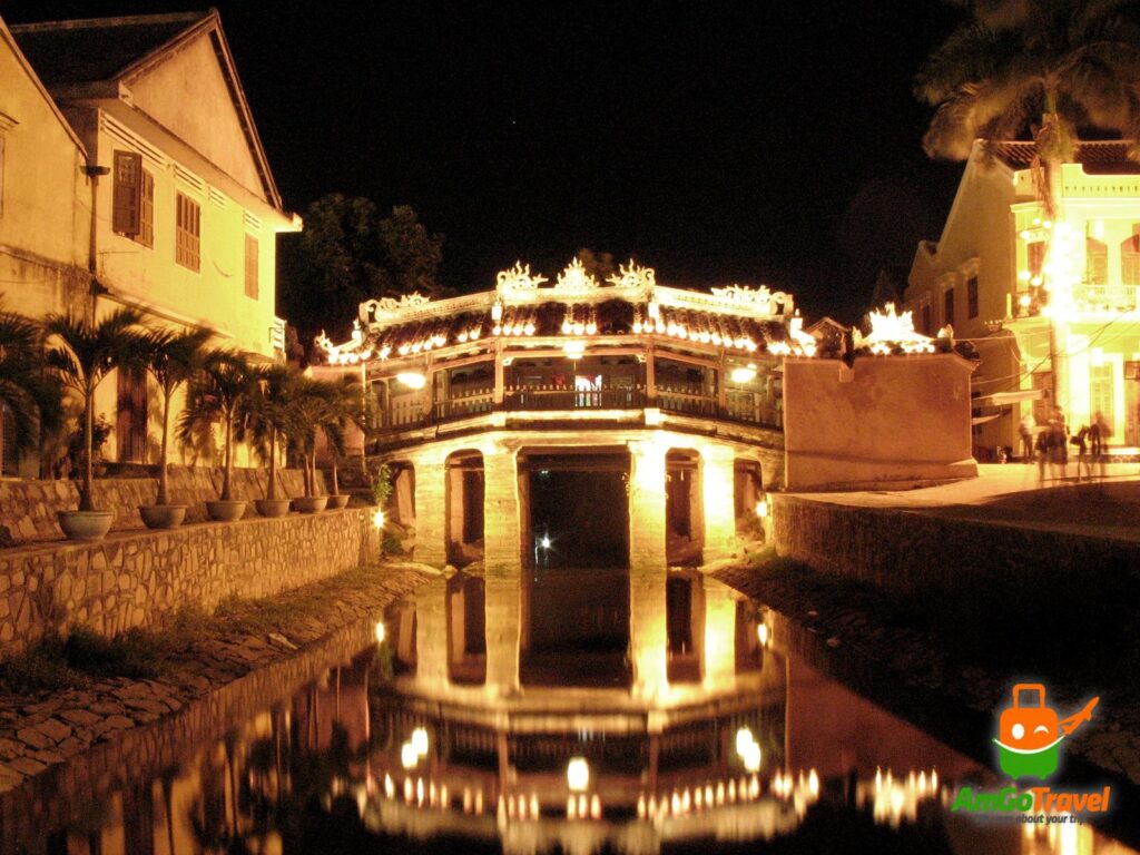 Japanese Covered Bridge lit up at night, Hoi An