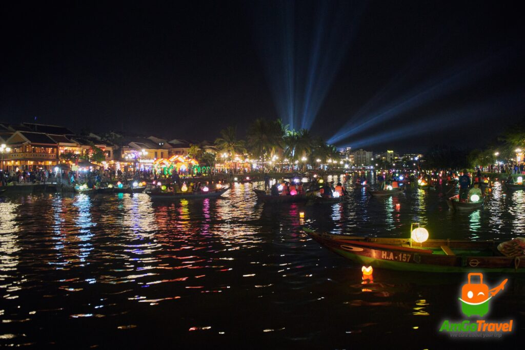 Lantern-lit boats on the Thu Bon River at night, Hoi An