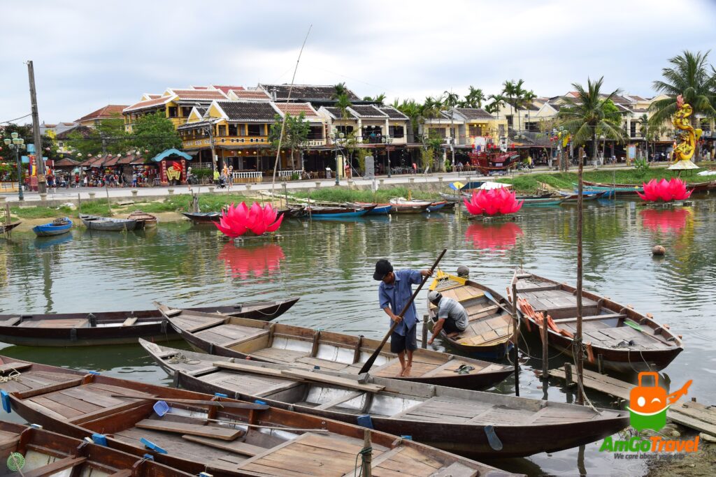 Wooden river boats moored in Hoi An