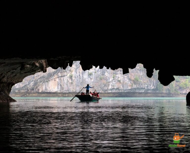 Bamboo boat at the Bright and Dark Cave, Lan Ha Bay